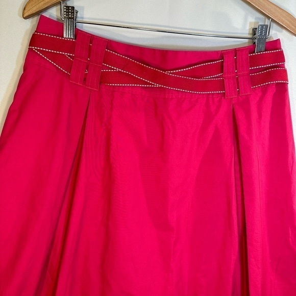 Liz Claiborne 100% Cotton Hot Pink Fit & Flared Pleated Belted Knee Length Skirt - Picture 4 of 8